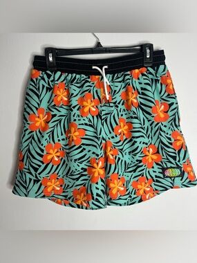 Slunks Tropical Floral Hibiscus Volleyball Shorts Men Large Teal Lined 5” Inseam